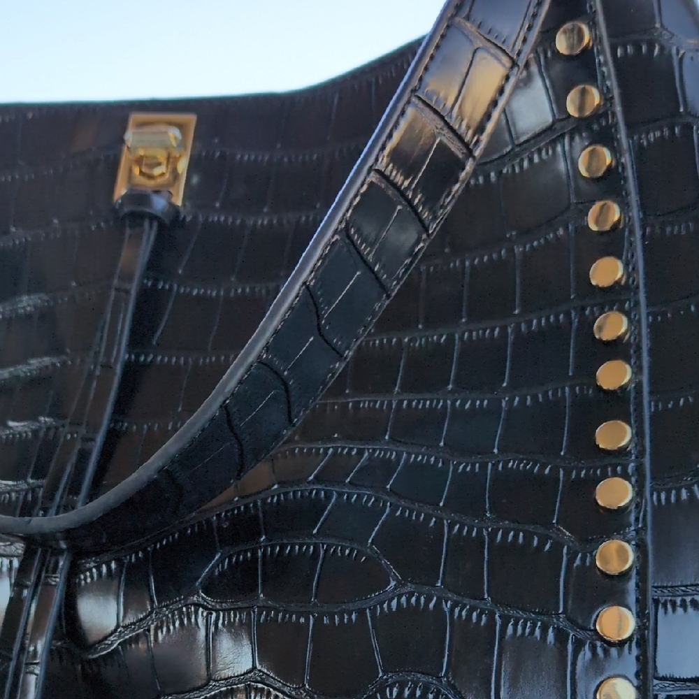 Black Croc-Embossed Tote with Gold Studs